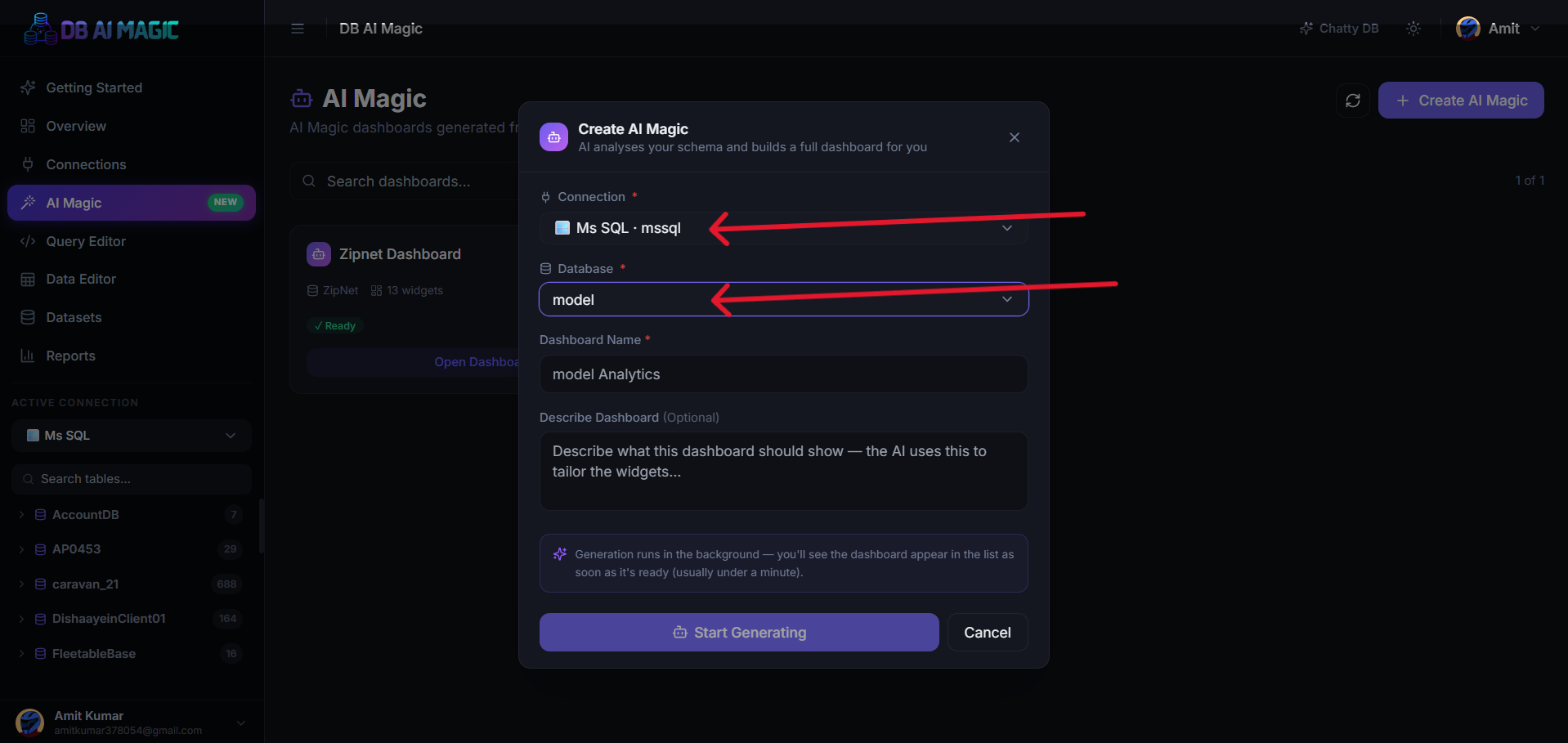 Create AI Magic modal — connection, database, optional description.